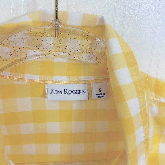 Long sleeve yellow and white check button down top. - Picture 2 of 5